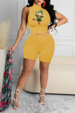 Pink Fashion Print Patchwork Turtleneck Sleeveless Two Pieces