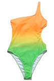 Yellow Casual Gradual Change Print Hollowed Out Patchwork Swimwears