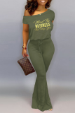 Green Casual Print Split Joint One Shoulder Boot Cut Jumpsuits