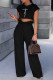 Black Fashion Casual Print Basic O Neck Short Sleeve Two Pieces