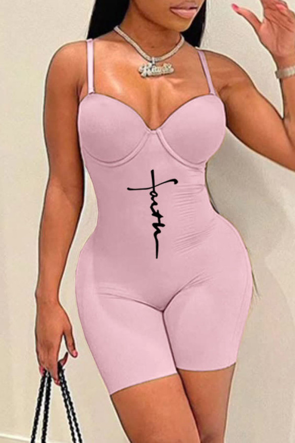 Pink Sexy Casual Print Backless Spaghetti Strap Skinny Romper