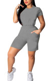 Grey Fashion Casual adult Ma'am Patchwork Solid Two Piece Suits pencil Short Sleeve Two Pieces