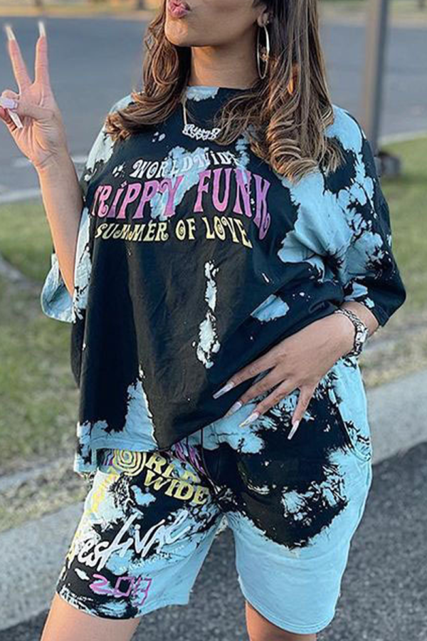 Blue Casual Patchwork Tie-dye O Neck Short Sleeve Two Pieces