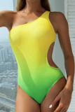 Yellow Casual Gradual Change Print Hollowed Out Patchwork Swimwears