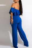 Blue Fashion Casual Solid Patchwork Backless Off the Shoulder Regular Jumpsuits