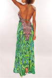 Turquoise Fashion Sexy Print Bandage Backless Spaghetti Strap Long Dress