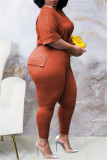 Orange Fashion Casual Solid Slit V Neck Plus Size Two Pieces