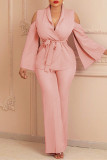 Pink Fashion Casual Solid Hollowed Out Turndown Collar Long Sleeve Two Pieces