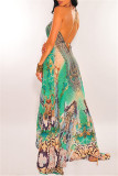 Turquoise Fashion Sexy Print Bandage Backless Spaghetti Strap Long Dress