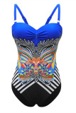 Royal Blue Fashion Sexy Print Hollowed Out Patchwork Backless Swimwears  (With Paddings)