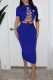 Blue Fashion Sexy Print Hollowed Out O Neck One Step Skirt Dresses