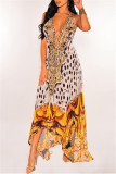 Turquoise Fashion Sexy Print Bandage Backless Spaghetti Strap Long Dress