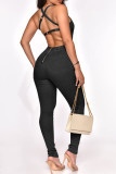 Blue Fashion Casual Solid Patchwork Backless Spaghetti Strap Skinny Jumpsuits