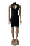 Blue Fashion Sexy Solid Hollowed Out Turtleneck Sleeveless Dress