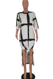 White Fashion Casual Print Slit O Neck Short Sleeve Dress Dresses