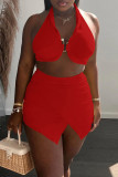 Red Fashion Casual Solid Patchwork Backless Halter Sleeveless Two Pieces
