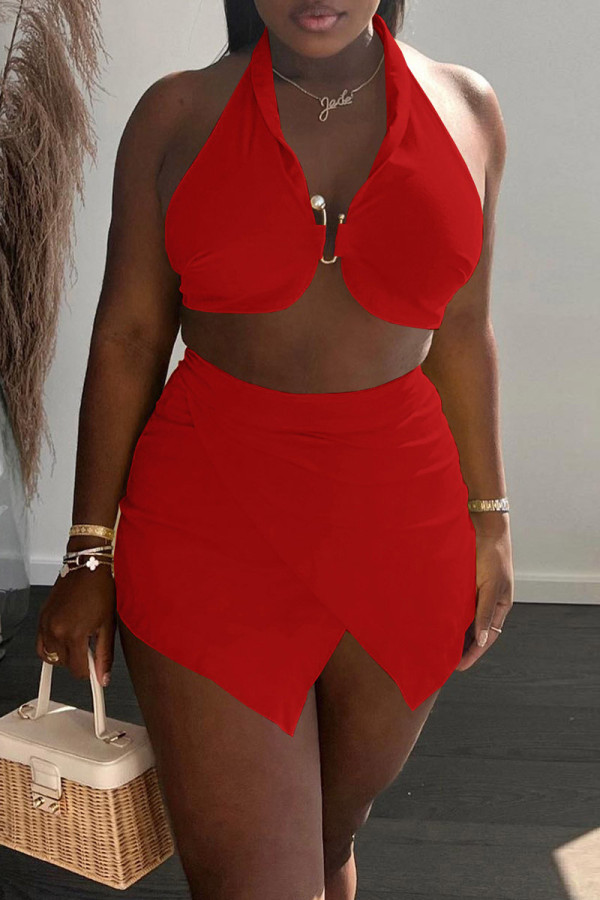 Red Fashion Casual Solid Patchwork Backless Halter Sleeveless Two Pieces