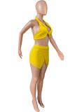 Red Fashion Casual Solid Patchwork Backless Halter Sleeveless Two Pieces