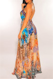 Turquoise Fashion Sexy Print Bandage Backless Spaghetti Strap Long Dress