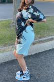 Blue Casual Patchwork Tie-dye O Neck Short Sleeve Two Pieces