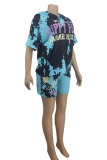 Blue Casual Patchwork Tie-dye O Neck Short Sleeve Two Pieces