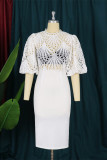 White Fashion Sexy Solid Hollowed Out Patchwork Slit O Neck Pencil Skirt Dresses