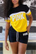Yellow Fashion Casual Letter Print Patchwork O Neck Short Sleeve Two Pieces