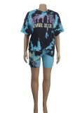 Blue Casual Patchwork Tie-dye O Neck Short Sleeve Two Pieces