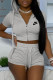 Grey Fashion Sportswear Print Patchwork Hooded Collar Short Sleeve Two Pieces