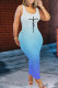 Blue Fashion Casual Gradual Change Print Basic U Neck Vest Dress