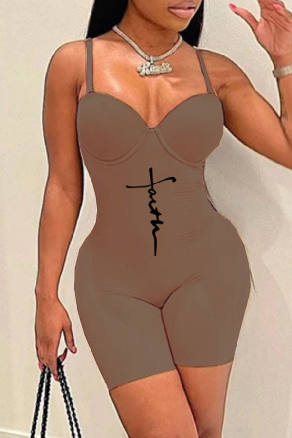 Coffee Sexy Casual Print Backless Spaghetti Strap Skinny Romper