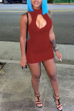 Blue Fashion Sexy Solid Hollowed Out Turtleneck Sleeveless Dress