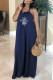 Navy Blue Fashion Casual Print Backless Halter A Line Dresses