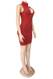 Blue Fashion Sexy Solid Hollowed Out Turtleneck Sleeveless Dress