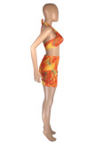 Red Fashion Sexy Print Bandage Hollowed Out Backless Halter Sleeveless Two Pieces