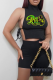 Black Sexy Print Draw String Turtleneck Sleeveless Two Pieces