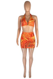 Red Fashion Sexy Print Bandage Hollowed Out Backless Halter Sleeveless Two Pieces
