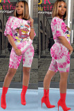 Red knit Fashion Sexy adult Ma'am Patchwork Print Character Two Piece Suits Straight Short Sleeve Two Pieces