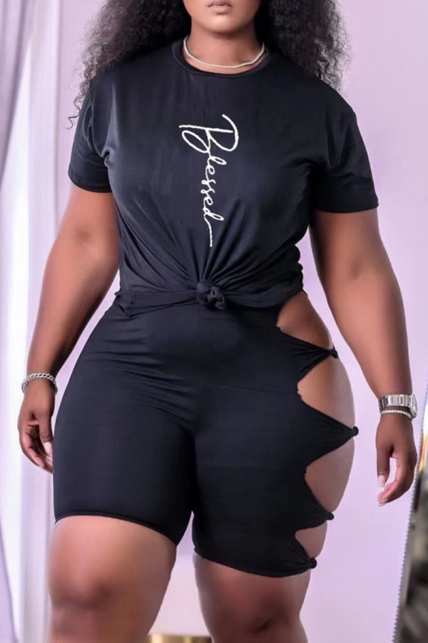 Black Fashion Casual Print Hollowed Out O Neck Short Sleeve Two Pieces