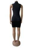 Blue Fashion Sexy Solid Hollowed Out Turtleneck Sleeveless Dress