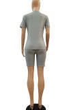 Grey Fashion Casual adult Ma'am Patchwork Solid Two Piece Suits pencil Short Sleeve Two Pieces