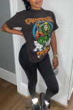 Dark Gray Casual Street Print Patchwork O Neck T-Shirts