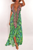 Turquoise Fashion Sexy Print Bandage Backless Spaghetti Strap Long Dress