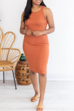 Caramel Colour Sexy Solid Patchwork O Neck Pencil Skirt Dresses