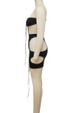 Black Sexy Solid Bandage Hollowed Out Split Joint Strapless Dresses