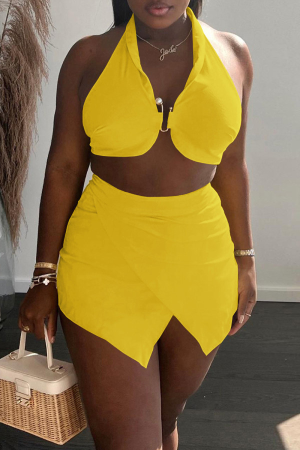 Yellow Fashion Casual Solid Patchwork Backless Halter Sleeveless Two Pieces