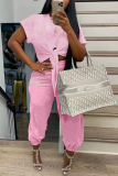 Pink Casual Solid Patchwork Draw String O Neck Short Sleeve Two Pieces