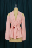 Pink Fashion Casual Solid Hollowed Out Turndown Collar Long Sleeve Two Pieces