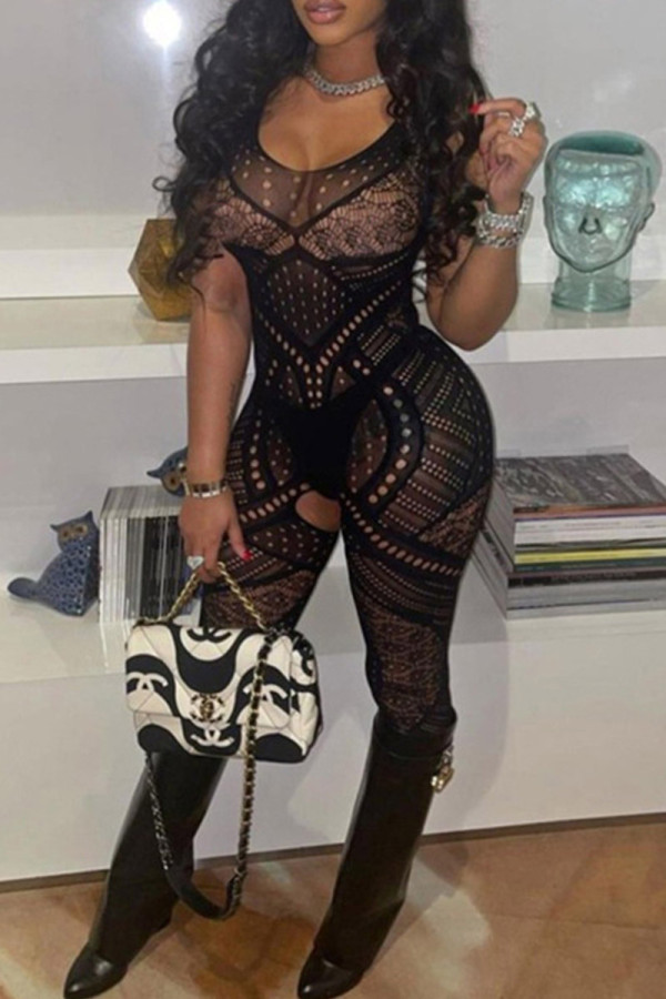Black Fashion Sexy Solid Patchwork See-through O Neck Skinny Jumpsuits