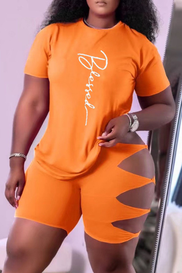 Orange Fashion Casual Print Hollowed Out O Neck Short Sleeve Two Pieces